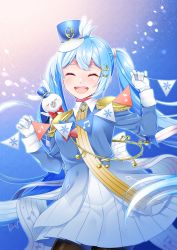 Rule 34 | 1girl, absurdres, ahoge, band uniform, beamed eighth notes, black pantyhose, blue bow, blue hair, blue headwear, blue jacket, blush, bow, bowtie, closed eyes, commentary, cowboy shot, eighth note, epaulettes, facing viewer, flag, gloves, hands up, hat, hat feather, hatsune miku, head tilt, highres, holding, holding flag, holding string, jacket, light blue hair, long hair, masumofu, musical note, musical note print, open mouth, pantyhose, pleated skirt, quarter note, rabbit, rabbit yukine, red bow, skirt, smile, snowflake print, staff (music), standing, string, string of flags, tassel, twintails, very long hair, vocaloid, white gloves, white skirt, yuki miku, yuki miku (2020)