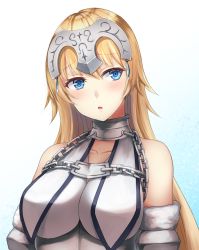 Rule 34 | 1girl, :o, alternate hairstyle, bare shoulders, blonde hair, blue eyes, blush, breasts, chain, collar, collarbone, corset, detached sleeves, eyebrows, fate/apocrypha, fate (series), fur-trimmed sleeves, fur trim, gem, gradient background, head tilt, headpiece, impossible clothes, jeanne d&#039;arc (fate), jeanne d&#039;arc (ruler) (fate), jeanne d&#039;arc (third ascension) (fate), large breasts, long hair, looking at viewer, medium breasts, open mouth, primamiya, solo, straight hair, underbust, upper body, very long hair, white background