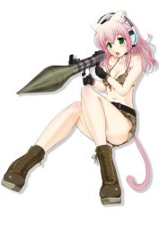 Rule 34 | 1girl, animal ears, bikini, bikini top only, black gloves, blush, boots, breasts, camouflage, camouflage bikini, camouflage shorts, cat ears, cat tail, cleavage, front-tie top, full body, ganari ryuu, gloves, green eyes, headset, high-explosive anti-tank (warhead), large breasts, long hair, lying, man-portable anti-tank systems, navel, on back, open mouth, original, pink hair, rocket-propelled grenade, rocket (projectile), rocket launcher, rpg, rpg-7, rpg (weapon), shiny skin, short shorts, shorts, simple background, skindentation, solo, super tama musume, swimsuit, tail, tamatoys, trigger discipline, weapon, white background
