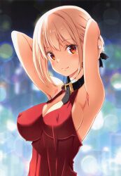 Rule 34 | 1girl, absurdres, armpits, arms behind head, blonde hair, blush, breasts, brown eyes, cleavage, closed mouth, collar, covered erect nipples, dress, hair ribbon, highres, izumi mahiru, jewelry, large breasts, looking at viewer, lycoris recoil, necklace, nishikigi chisato, no bra, red dress, ribbon, short hair, sideboob, smile, solo, upper body