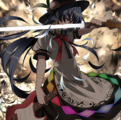Rule 34 | 1girl, album cover, blood, blood on face, blue hair, cover, cuts, female focus, food, fruit, guitar, hat, hinanawi tenshi, injury, instrument, long hair, peach, pink eyes, puffy sleeves, rondo umigame, scabbard, sheath, shirt, short sleeves, skirt, solo, sword of hisou, touhou, very long hair