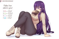 Rule 34 | 1girl, ass, black leggings, book, breasts, commentary, cross-laced footwear, crossed ankles, doki doki literature club, english commentary, english text, full body, hair between eyes, hair ornament, hairclip, highres, holding, holding book, large breasts, leaning back, leggings, like and retweet, long hair, long sleeves, patreon username, purple eyes, purple hair, raion (raionart), ribbed sweater, simple background, sitting, solo, sweater, very long hair, white background, yuri (doki doki literature club)