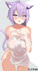 Rule 34 | 1girl, absurdres, ahoge, animal ear fluff, animal ears, breasts, cat ears, cat girl, cat tail, cleavage, covering privates, highres, holding, holding towel, hololive, jhonwikkle, large breasts, long sleeves, md5 mismatch, naked towel, nekomata okayu, nude cover, purple eyes, purple hair, resolution mismatch, self-upload, short hair, solo, source smaller, tail, towel, virtual youtuber