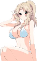 Rule 34 | 1girl, absurdres, aikir (jml5160), bikini, blonde hair, blue eyes, breasts, closed mouth, commentary, girls und panzer, hair intakes, halterneck, hand in own hair, highres, kay (girls und panzer), large breasts, long hair, looking at viewer, navel, pinky out, ponytail, simple background, sitting, smile, solo, swimsuit, white background, white bikini