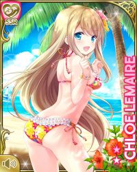 Rule 34 | 1girl, arms up, ass, beach, bikini, blonde hair, blue eyes, bracelet, breasts, character name, chloe lemaire, clenched hands, cloud, day, floral print, flower, from behind, girlfriend (kari), hair flower, hair ornament, jewelry, long hair, looking back, ocean, official art, open mouth, outdoors, palm tree, print bikini, qp:flapper, shirt, side-tie bikini bottom, sideboob, sky, smile, solo, swimsuit, thighs, tree, white shirt