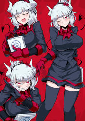 Rule 34 | 1girl, ascot, black gloves, black thighhighs, breasts, clenched teeth, commentary, demon girl, demon tail, english commentary, gloves, helltaker, highres, holding, horns, large breasts, long sleeves, looking at viewer, lucifer (helltaker), mole, mole under eye, multiple views, one eye closed, open mouth, red ascot, red background, red eyes, red gloves, shimure (460), short hair, simple background, smile, standing, tail, teeth, thighhighs, two-tone gloves, white hair, white horns
