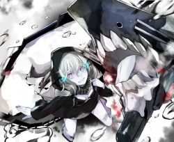 Rule 34 | 10s, 1girl, abyssal ship, breasts, glowing, glowing eyes, grin, hood, jacket, kantai collection, miruto netsuki, pale skin, personification, purple eyes, re-class battleship, scarf, short hair, silver hair, small breasts, smile, solo, tail