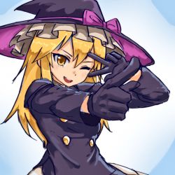 Rule 34 | 1girl, black gloves, black hat, black jacket, blonde hair, blue background, bow, commentary request, cookie (touhou), gloves, hair between eyes, hat, hat bow, highres, jacket, kirisame marisa, long hair, looking at viewer, nob1109, one eye closed, open mouth, pointing, pointing forward, purple bow, rei (cookie), solo, touhou, upper body, v, v over eye, yellow eyes