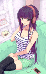 Rule 34 | 1girl, aramachi, black hair, black thighhighs, blunt bangs, couch, crossed legs, digital media player, from above, green eyes, hand on lap, headphones, highres, indoors, ipod, long hair, original, polka dot, ponytail, shirt, short shorts, shorts, sitting, sleeveless, sleeveless shirt, solo, striped clothes, striped shirt, thighhighs, very long hair, zettai ryouiki