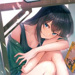Rule 34 | 1girl, bare arms, bare shoulders, black hair, blue eyes, collarbone, commentary request, green shirt, head rest, kagawa ichigo, knees up, long hair, looking at viewer, magazine (object), off shoulder, original, shirt, sitting, sleeveless, sleeveless shirt, smile, solo, sunlight, tank top, thighs