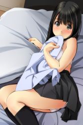 Rule 34 | 1girl, ass, bare arms, bare shoulders, bed sheet, black eyes, black hair, black skirt, black socks, blush, bra, closed mouth, commentary request, embarrassed, feet out of frame, frown, highres, holding, holding clothes, holding shirt, indoors, kneehighs, long hair, looking at viewer, lying, matsunaga kouyou, miniskirt, multicolored hair, nose blush, on bed, on side, original, panties, shirt, unworn shirt, skirt, socks, solo, thighs, two-tone hair, underwear, upskirt, white bra, white hair, white panties, white shirt