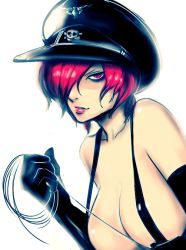 Rule 34 | 1girl, bad id, bad pixiv id, bakuretsu hunters, bdsm, breasts, chocolate misu, dominatrix, hair over one eye, hat, huge breasts, igarashi ran (igatz), igatz, large breasts, leather, lipstick, makeup, naked suspenders, peaked cap, garrote, red eyes, revealing clothes, skull, solo, suspenders, topless, white background, wire