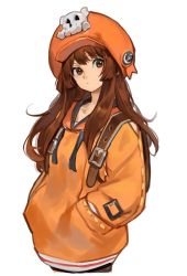 Rule 34 | 1girl, arc system works, backpack, bag, belt buckle, brown background, brown eyes, brown hair, buckle, closed mouth, guilty gear, guilty gear strive, hands in pockets, hat, highres, hood, hood down, hoodie, long hair, may (guilty gear), orange hat, orange hoodie, simple background, skull, solo, standing, uncle rabbit ii, white background