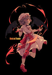 Rule 34 | 1girl, absurdres, bat wings, black background, closed mouth, commentary, english commentary, full body, hat, hat ribbon, highres, looking at viewer, mob cap, nal (naru-1), red eyes, red footwear, red ribbon, remilia scarlet, ribbon, short hair, simple background, skirt, smile, socks, solo, touhou, white hat, white skirt, white socks, wings, wrist cuffs