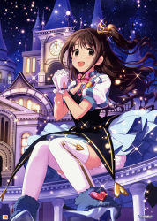 Rule 34 | 10s, 1girl, :d, absurdres, brown eyes, brown hair, crown, dress, gloves, high heels, highres, idolmaster, idolmaster cinderella girls, mini crown, official art, one side up, open mouth, own hands clasped, own hands together, puff and slash sleeves, puffy short sleeves, puffy sleeves, shimamura uzuki, short sleeves, side ponytail, sky, smile, star!!, star (sky), starry sky, thighhighs, white gloves, white thighhighs