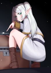 Rule 34 | 1girl, artist name, capelet, dangle earrings, earrings, frieren, green eyes, grey hair, highres, jewelry, lewdlux, long hair, looking at viewer, mimic, mimic chest, parted bangs, pointy ears, solo, sousou no frieren, squatting, twintails, white capelet