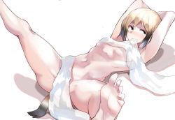 Rule 34 | 1girl, ayakumo, blonde hair, blush, breasts, brown hair, erica hartmann, feet, groin tendon, lying, multicolored hair, navel, nude, on back, small breasts, soles, solo, spread legs, streaked hair, strike witches, tail, world witches series