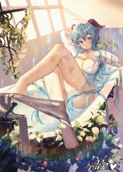 Rule 34 | 1girl, :o, ahoge, aile (crossroads), arm behind head, arm up, bathing, bathtub, blue hair, blush, breasts, bust cup, ganyu (genshin impact), genshin impact, goat horns, highres, horns, knees up, large breasts, leaf, leg up, legs, lens flare, long hair, looking at viewer, pantyhose, unworn pantyhose, partially submerged, purple eyes, shirt, sidelocks, sitting, solo, sunlight, thighs, torn clothes, torn pantyhose, water, wet, wet hair, white shirt, window