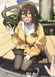 Rule 34 | 1girl, 3others, 92m, :d, absurdres, black-framed eyewear, black hair, black pantyhose, black skirt, blush, braid, braided ponytail, commentary request, hand up, highres, kakita (92m), long hair, long sleeves, looking at viewer, multiple others, open mouth, original, otouto (92m), outdoors, pantyhose, shirt, shoes, sitting, skirt, smile, solo focus, sweater, waving, white footwear, white shirt, yellow eyes, yellow sweater