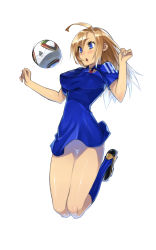 Rule 34 | 1girl, 2010 fifa world cup, 23 (real xxiii), :o, adidas, ahoge, ball, blonde hair, blue eyes, blush, bottomless, breasts, covered erect nipples, highres, jabulani, jumping, large breasts, long hair, no panties, no pants, open mouth, perky breasts, playing sports, pussy, simple background, soccer, soccer ball, soccer uniform, solo, sportswear, thighs, ursula (23), world cup