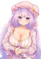 Rule 34 | 1girl, blurry, blurry background, bow, breasts, cleavage, closed mouth, commentary, dress, hair bow, hat, hat ornament, highres, large breasts, long hair, long sleeves, looking at viewer, mob cap, mokokiyo (asaddr), multicolored clothes, multicolored dress, multiple bows, own hands together, patchouli knowledge, pink bow, pink hat, puffy sleeves, purple dress, purple eyes, purple hair, simple background, solo, star-shaped pupils, star (symbol), striped clothes, striped dress, symbol-only commentary, symbol-shaped pupils, touhou, upper body, very long hair, white background, white dress