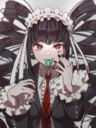 Rule 34 | 1girl, bad id, bad twitter id, black hair, black nails, bonnet, celestia ludenberg, center frills, claw ring, collared shirt, commentary request, danganronpa: trigger happy havoc, danganronpa (series), drill hair, frilled jacket, frills, gothic lolita, hands up, highres, jacket, kitsunebi v3kokonn, lolita fashion, long hair, long sleeves, looking at viewer, nail polish, necktie, open clothes, open jacket, red eyes, red necktie, shirt, simple background, smile, solo, tongue, tongue out, twin drills, twintails