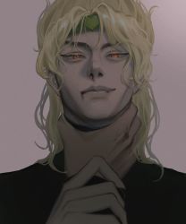 Rule 34 | 1boy, 1other, absurdres, bad id, bad pixiv id, blonde hair, blood, blood from mouth, blood on face, closed mouth, dbr (dbruuu9), dio brando, film grain, fingernails, half-closed eyes, hand on another&#039;s neck, headband, heart, highres, holding another&#039;s wrist, jojo no kimyou na bouken, looking at viewer, male focus, medium hair, nosebleed, orange eyes, sharp fingernails, smile, solo focus, turtleneck, upper body