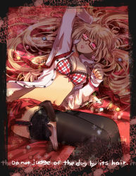 Rule 34 | 1girl, arm up, bad id, bad pixiv id, blonde hair, bra, candy, english text, engrish text, food, garter belt, garter straps, glasses, glowing, glowing eyes, highres, knife, lace, lace-trimmed legwear, lace trim, lingerie, lollipop, long hair, lying, navel, nitou akane, on side, open clothes, open shirt, original, plaid, plaid bra, ranguage, red eyes, shirt, skirt, solo, thighhighs, underwear