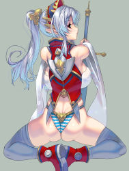 Rule 34 | 1girl, aqua eyes, ass, backboob, bare shoulders, blue thighhighs, boots, breasts, butt crack, detached sleeves, dimples of venus, elf, from behind, grey background, hair ornament, headdress, highres, huge breasts, kouno (masao), long hair, looking at viewer, looking back, original, panties, pointy ears, ponytail, shiny skin, silver hair, simple background, skindentation, solo, striped clothes, striped panties, sword, thighhighs, thighs, underwear, weapon
