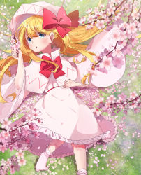 Rule 34 | 1girl, absurdres, ametama (runarunaruta5656), ankle socks, blonde hair, blue eyes, blush, bow, capelet, cherry blossoms, dress, flower, foot out of frame, frilled skirt, frills, from above, hair bow, hand on own stomach, hand up, hat, highres, holding, holding flower, knee up, lily white, long hair, long sleeves, looking at viewer, lying, medium skirt, no wings, on back, on grass, petals, sash, skirt, socks, solo, touhou, wide sleeves