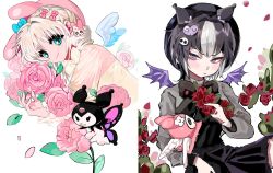 Rule 34 | 2girls, 2pineapplepizza, beret, black dress, blue bow, blue eyes, blush, bow, butterfly wings, closed mouth, dress, flower, hat, highres, insect wings, kuromi, long sleeves, multicolored hair, multiple girls, my melody, onegai my melody, purple eyes, sanrio, see-through, see-through shirt, short hair, smile, white hair, wings