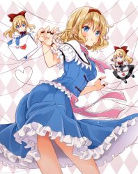Rule 34 | alice margatroid, apron, arrow (projectile), ass, black dress, black footwear, blonde hair, blue dress, blue eyes, blue footwear, blush, bow, bow (weapon), breasts, capelet, doll, dress, envelope, frilled dress, frills, hair bow, hairband, heart, heart arrow, heart of string, hourai doll, jewelry, long hair, looking at viewer, mary janes, okawa friend, pink neckwear, pink sash, pout, puffy short sleeves, puffy sleeves, puppet rings, puppet strings, red bow, ring, sash, shanghai doll, shoes, short sleeves, socks, thighs, touhou, wavy hair, weapon, white capelet
