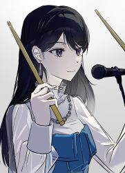 Rule 34 | 1girl, bang dream!, bang dream! it&#039;s mygo!!!!!, black hair, closed mouth, drumsticks, earrings, gradient background, grey background, highres, holding, holding drumsticks, jewelry, long hair, microphone, mole, mole under eye, purple eyes, see-through, see-through sleeves, shiina taki, shirt, smile, solo, upper body, ushio0104, white background, white shirt