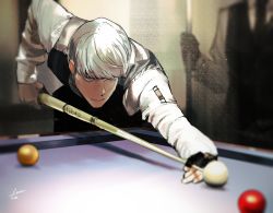 Rule 34 | 2boys, absurdres, aiming, alternate costume, billiards, black gloves, black vest, blurry, blurry background, btmr game, closed mouth, copyright name, cue stick, fingerless gloves, gloves, highres, long sleeves, male focus, multiple boys, narukami yuu, persona, persona 4, pool table, signature, silver hair, single glove, solo focus, table, vest