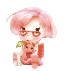 Rule 34 | 1girl, absurdres, b spa gyoreva, backpack, bad id, bad pixiv id, bag, brittany (pikmin), glasses, gloves, highres, nintendo, pikmin (creature), pikmin (series), pikmin 3, pink hair, pointy ears, red pikmin, short hair, simple background, white background