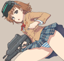 Rule 34 | 1girl, assault rifle, black eyes, blank eyes, blazer, blue skirt, bow, bowtie, brown background, brown hair, brown jacket, bullpup, buttons, clenched hand, collared shirt, commentary, empty eyes, fn eglm, fn f2000, fn gl1, from below, grenade launcher, groin, gun, head-mounted display, heart, heart necklace, holding, holding gun, holding weapon, jacket, jewelry, jinrai (owl12), long sleeves, medium hair, miniskirt, misaka imouto, misaka imouto 10032, modular weapon system, necklace, open mouth, panties, pantyshot, parted bangs, red bow, red bowtie, rifle, running, school uniform, shirt, skirt, solo, striped clothes, striped panties, thighs, toaru majutsu no index, toaru majutsu no index: old testament, tokiwadai school uniform, underbarrel grenade launcher, underwear, upper body, weapon, white shirt, winter uniform