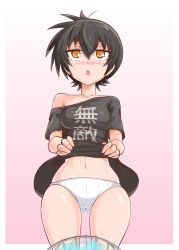 Rule 34 | 1girl, black hair, blush, breasts, clothes writing, cougar (cougar1404), fanning crotch, hair between eyes, hand fan, looking at viewer, nari (cougar1404), open mouth, original, panties, short hair, simple background, solo, standing, underwear, white panties, yellow eyes