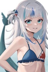 Rule 34 | 1girl, absurdres, bare arms, bare shoulders, bikini, blue bikini, blue eyes, blue hair, blurry, blurry background, blush, breasts, collarbone, commentary, depth of field, fins, fish tail, frilled bikini, frills, gawr gura, gills, grey hair, grin, hair intakes, hair ornament, highres, hololive, hololive english, long hair, looking at viewer, minijaham, multicolored hair, shark girl, shark hair ornament, shark print, shark tail, sharp teeth, signature, small breasts, smile, solo, streaked hair, swimsuit, tail, teeth, two side up, upper body, virtual youtuber, white background