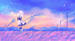 Rule 34 | 1girl, black skirt, blue eyes, boots, chromatic aberration, commentary request, crescent moon, detached sleeves, grass, hands up, medium hair, moon, original, outdoors, pleated skirt, power lines, skirt, solo, standing, tabisumika, white footwear, white hair, wide shot