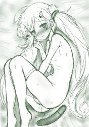 Rule 34 | 1girl, azur lane, bed sheet, blush, dildo, eldridge (azur lane), female focus, female masturbation, hair ornament, looking at viewer, lying, masturbation, monochrome, nude, on bed, piano-alice, pussy juice, sex toy, sketch, solo, sweat, thighhighs, twintails