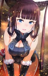 Rule 34 | 1girl, bare shoulders, black dress, blue eyes, blunt bangs, breasts, brown hair, china dress, chinese clothes, cleavage, commentary request, cowboy shot, dress, fate/grand order, fate (series), fur trim, gomennasai, hair ornament, highres, large breasts, leaning forward, long hair, looking at viewer, open mouth, sleeveless, sleeveless dress, solo, twintails, very long hair, yang guifei (fate), yang guifei (second ascension) (fate)