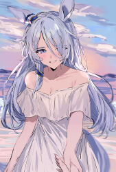 Rule 34 | 1girl, absurdres, alternate costume, alternate hair length, alternate hairstyle, animal ears, bare shoulders, blue eyes, blue hair, blush, breasts, cleavage, cloud, collarbone, commentary request, dress, ear covers, ear ornament, grin, hair over one eye, highres, holding hands, horse ears, horse girl, horse tail, k.s.miracle (umamusume), m75255831, ocean, off-shoulder dress, off shoulder, pov, pov hands, single ear cover, sky, small breasts, smile, solo, tail, umamusume, upper body, white dress