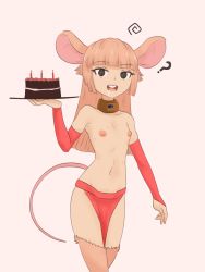 Rule 34 | 1girl, ?, animal ears, birthday, birthday cake, blunt bangs, borrowed character, breasts, bridal gauntlets, brown eyes, brown fur, buck teeth, cake, candle, carame latte, collar, commentary, cowboy shot, drooling, elbow gloves, english commentary, eyelashes, food, furry, furry female, gift art, gloves, groin, hime cut, holding, holding cake, holding food, holding tray, light brown hair, long hair, looking at viewer, metal collar, mouse ears, mouse tail, navel, nipples, open mouth, original, pelvic curtain, red gloves, saliva, sidelocks, small breasts, solo, spiral, standing, star-shaped pupils, star (symbol), symbol-shaped pupils, tail, teeth, topless, tray, white background