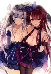 Rule 34 | 2girls, :t, blue dress, blunt bangs, blush, breasts, bride, brown legwear, cleavage, collarbone, cowboy shot, detached sleeves, dress, facial mark, girls&#039; frontline, glint, gloves, green eyes, hair ornament, hair ribbon, halter dress, halterneck, hk416 (girls&#039; frontline), holding, holding jewelry, holding ring, jewelry, large breasts, long hair, looking at viewer, multiple girls, one side up, open mouth, pantyhose, pout, purple dress, purple hair, red eyes, ribbon, ring, rinringyo, sidelocks, silver hair, strapless, strapless dress, teardrop, v-shaped eyebrows, veil, very long hair, wa2000 (girls&#039; frontline), wedding ring