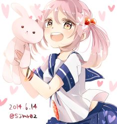 Rule 34 | 10s, 1girl, :&lt;, :d, blue skirt, rabbit, cowboy shot, dated, hair bobbles, hair ornament, head tilt, heart, holding, kantai collection, looking at viewer, nail polish, open mouth, pink eyes, pink hair, pink nails, pleated skirt, sazanami (kancolle), school uniform, serafuku, shijima (sjmr02), short hair, simple background, skirt, smile, solo, stuffed animal, stuffed toy, teeth, twintails, twitter username, white background