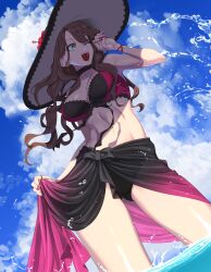 Rule 34 | 1girl, absurdres, bracelet, breasts, brown hair, cleavage, cloud, cloudy sky, commission, commissioner upload, dorothea arnault, dorothea arnault (summer), earrings, fire emblem, fire emblem: three houses, fire emblem heroes, flower, gluteal fold, green eyes, hat, hat flower, highres, jewelry, large breasts, long hair, midriff, nail polish, nintendo, official alternate costume, open mouth, rasupekuto, sarong, skeb commission, sky, solo, swimsuit, thighs, water