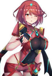 Rule 34 | 1girl, absurdres, black gloves, blowing kiss, bob cut, breasts, chest jewel, earrings, fingerless gloves, gloves, highres, jewelry, large breasts, latte, pyra (xenoblade), red eyes, red hair, red shorts, red thighhighs, short hair, short shorts, shorts, solo, swept bangs, thighhighs, tiara, xenoblade chronicles (series), xenoblade chronicles 2