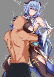 Rule 34 | 1boy, 1girl, bare shoulders, black gloves, blue hair, bodystocking, breasts, clenched teeth, commentary request, ganyu (genshin impact), genshin impact, gloves, grey background, highres, horns, hug, large breasts, long hair, one eye closed, purple eyes, simple background, teeth, thighs, topless male, torn clothes, very long hair, watarase piro