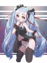 Rule 34 | 1girl, chucolala, covering own mouth, enfer mirei, garter belt, garter straps, hand over own mouth, heterochromia, highres, lingerie, mosoukeito, pale skin, panties, red eyes, revealing clothes, thighs, twintails, underwear, virtual youtuber, yellow eyes