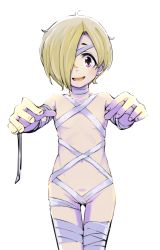 Rule 34 | 1girl, bandages, bandages, blonde hair, cowboy shot, ear piercing, flat chest, hair over one eye, highres, idolmaster, idolmaster cinderella girls, looking at viewer, momo (higanbana and girl), mummy, naked bandage, navel, open mouth, outstretched arms, piercing, red eyes, shirasaka koume, short hair, simple background, smile, solo, zombie pose